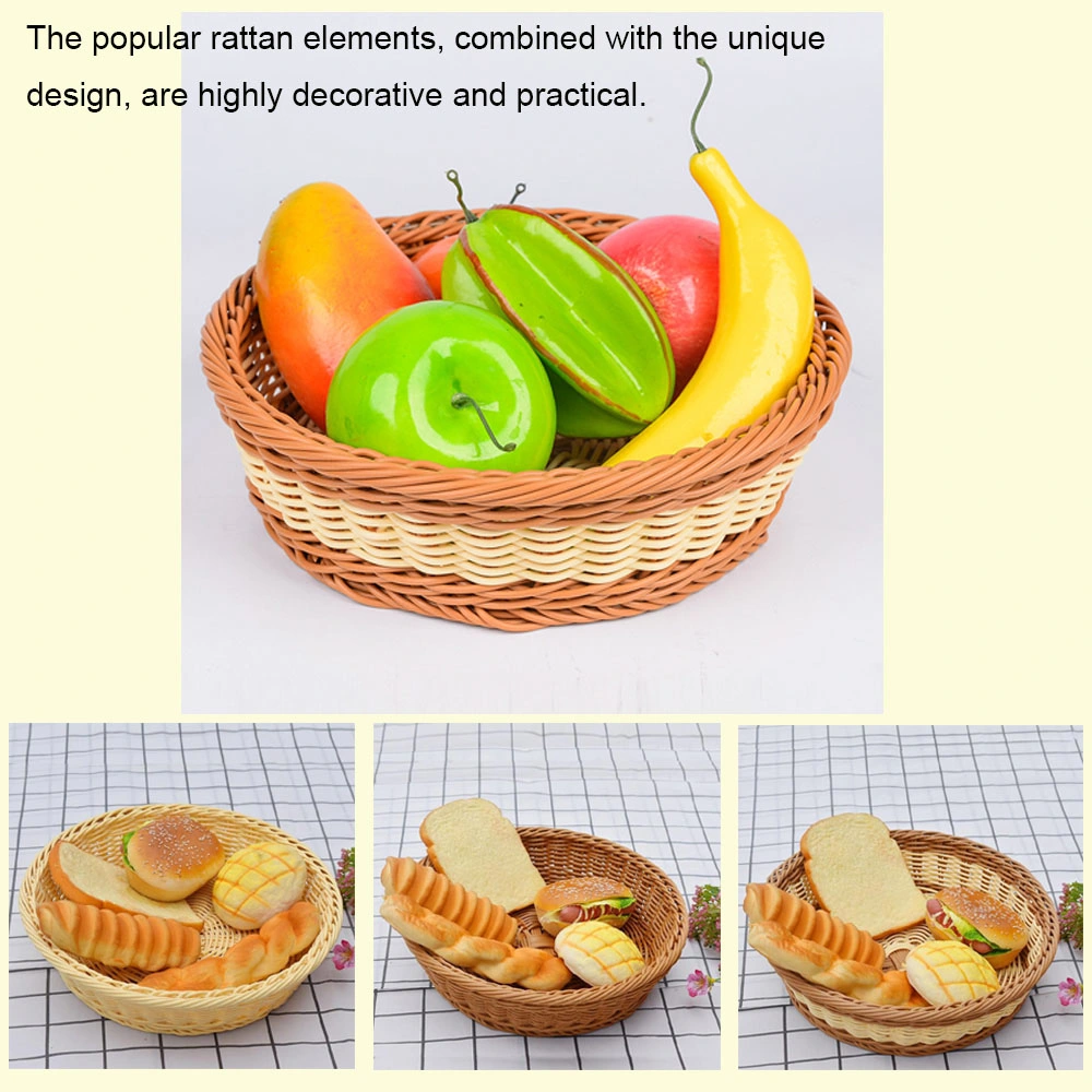 Round Plastic Rattan Basket PP Rattan Tray Food Storage Basket