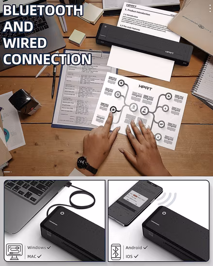 MT800 Mini Mobile Portable Bluetooth Wifi USB A4 Paper Size Small Thermal Transfer Printer with Embedded Battery Office Document Printing